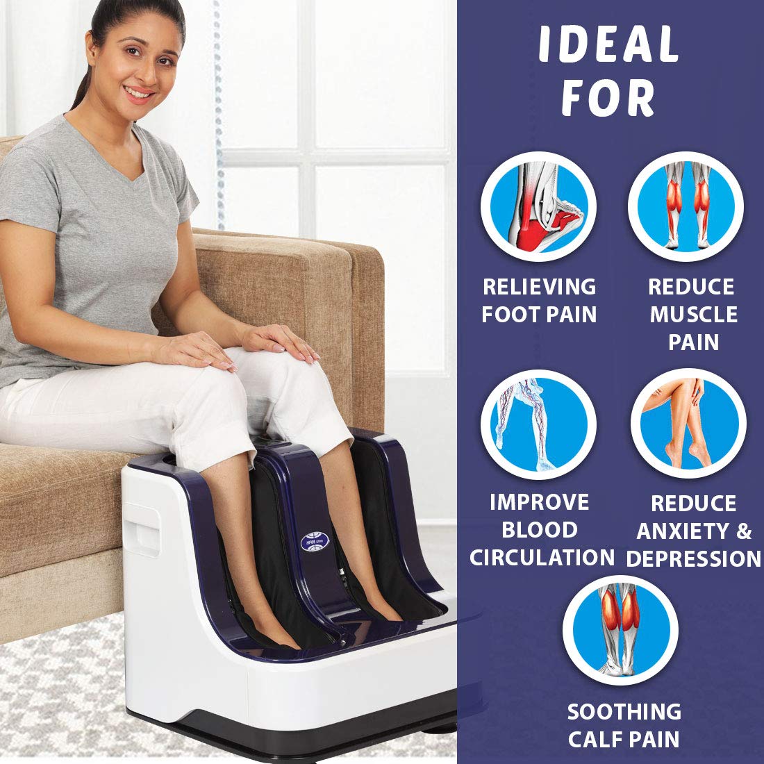 JSB HF04 Leg Massager for Pain Relief in Foot & Calf with Human Hands Like Pressing, Soothing Warmth, Vibration & Reflexology Rollers (AC Powered) (White-Blue)