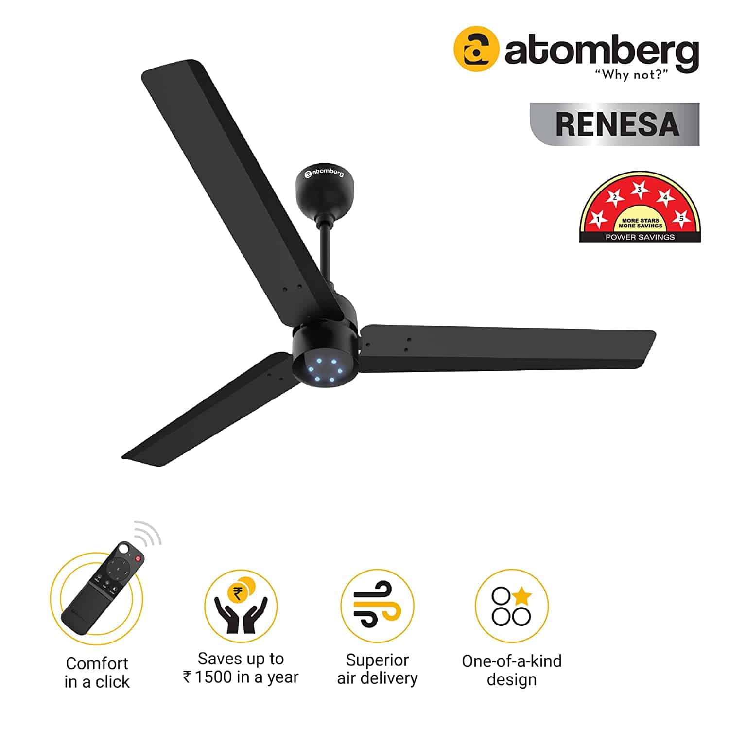 Atomberg Renesa 1200mm BLDC Motor 5 Star Rated Ceiling Fans for Home with Remote Control | Upto 65% Energy Saving High Speed Fan with LED Lights | 2+1 Year Warranty (Matt Black)