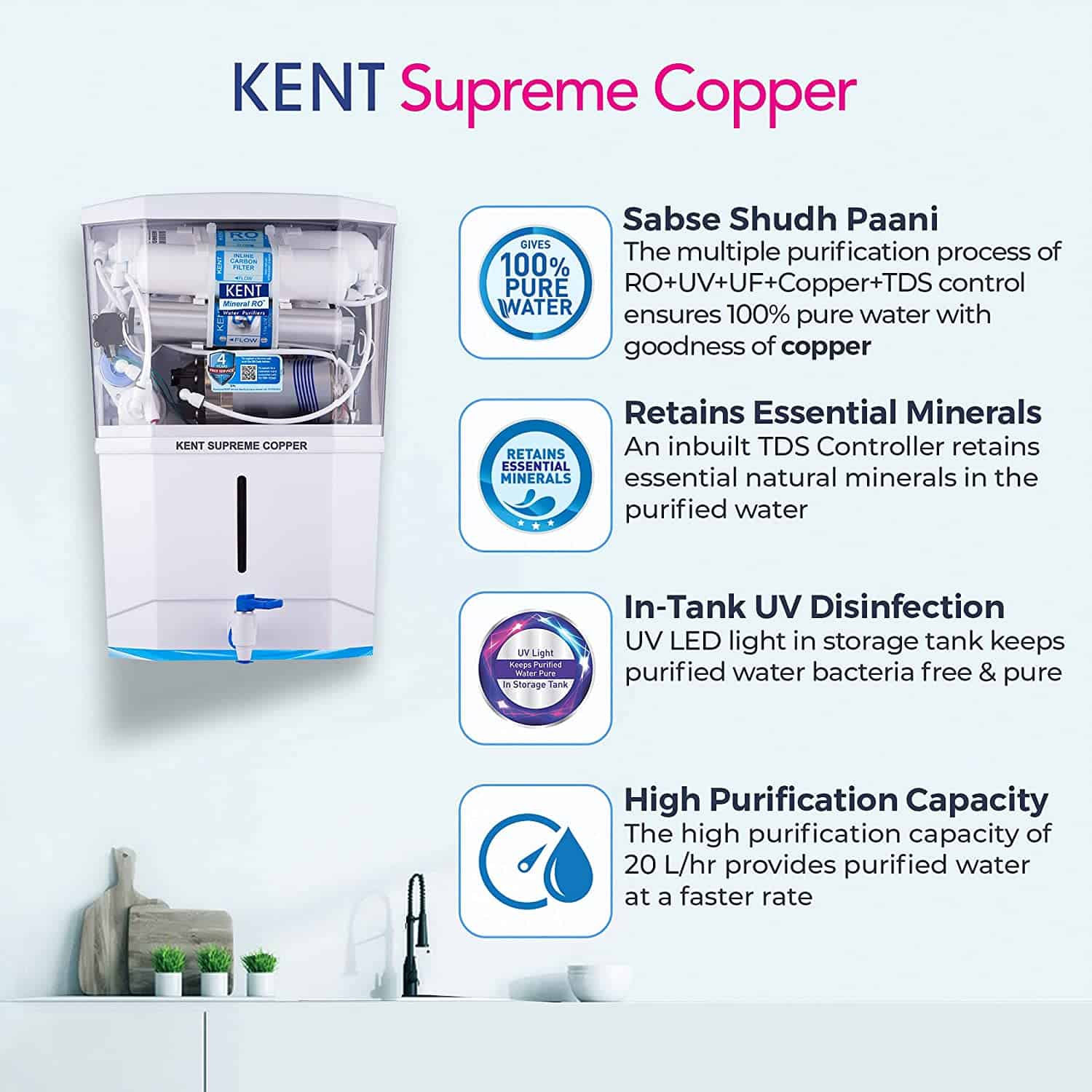 KENT Supreme Copper RO+UV Water Purifier | Goodness of Copper | Patented Mineral RO Technology | RO + UV + UF + Copper + TDS Control + UV In-tank | 20 LPH Output | 8L Storage | 4 Years Free Service