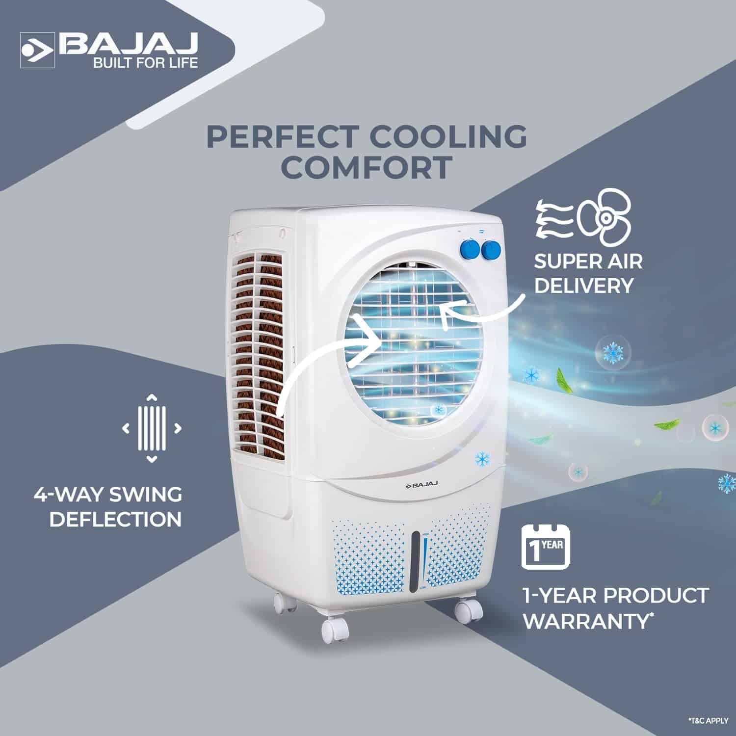 Bajaj PX 97 Torque New 36L Personal Air Cooler for home with DuraMarine Pump (2-Yr Warranty by Bajaj), TurboFan Technology, Powerful Air Throw & 3-Speed Control, Portable AC, White cooler for room