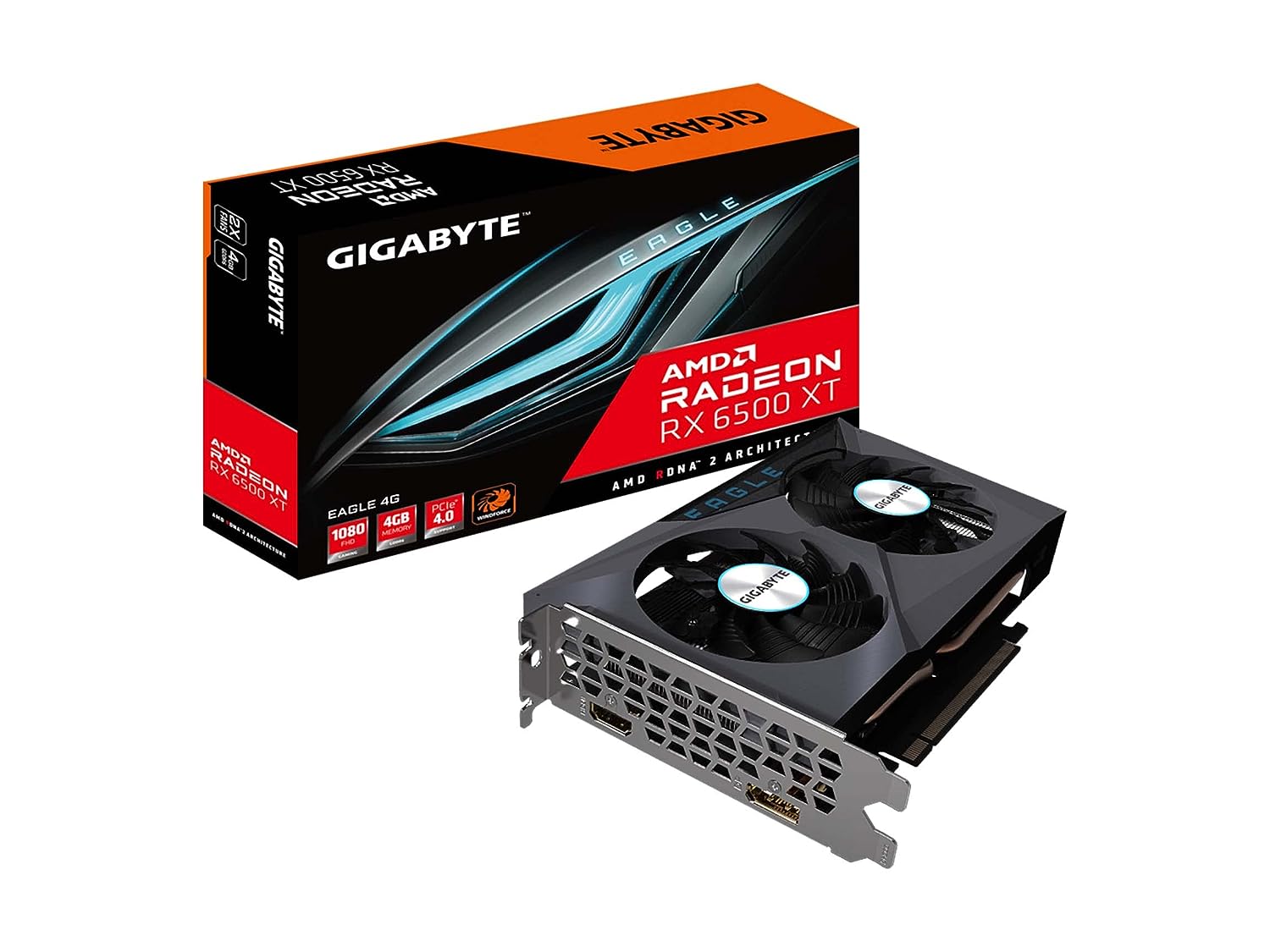 GIGABYTE GV-R65XTEAGLE-4GD, Radeon pci_e_x16 RX 6500 XT, Integrated with 4GB GDDR6 64-bit Memory Interface, WINDFORCE 2X Cooling System with Alternate Spinning Fans & Graphene Nano Lubricant
